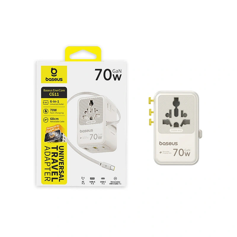 Adapter podróżny Baseus EnerCore CG11 70W 6w1 ze zwijanym kablem - biały