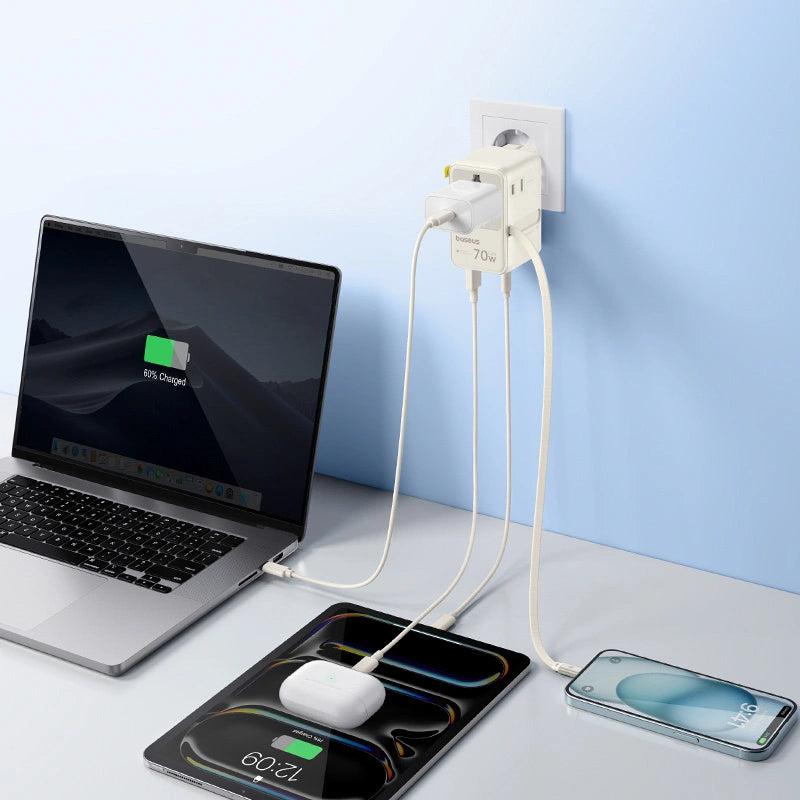 Adapter podróżny Baseus EnerCore CG11 70W 6w1 ze zwijanym kablem - biały