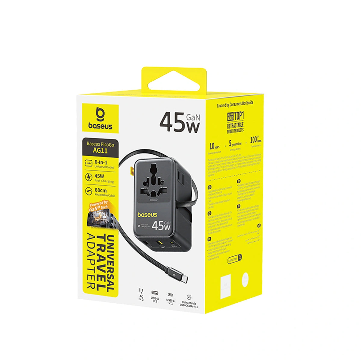 Adapter podróżny Baseus PicoGo AG11 45W 6w1 ze zwijanym kablem - czarny – zdjęcie 4