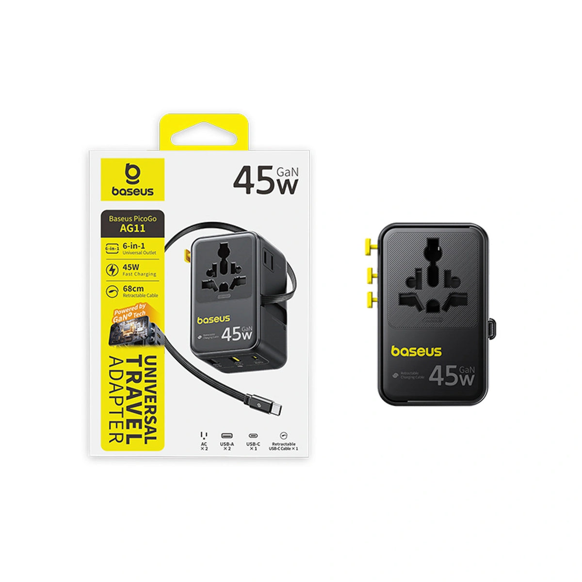Adapter podróżny Baseus PicoGo AG11 45W 6w1 ze zwijanym kablem - czarny – zdjęcie 5