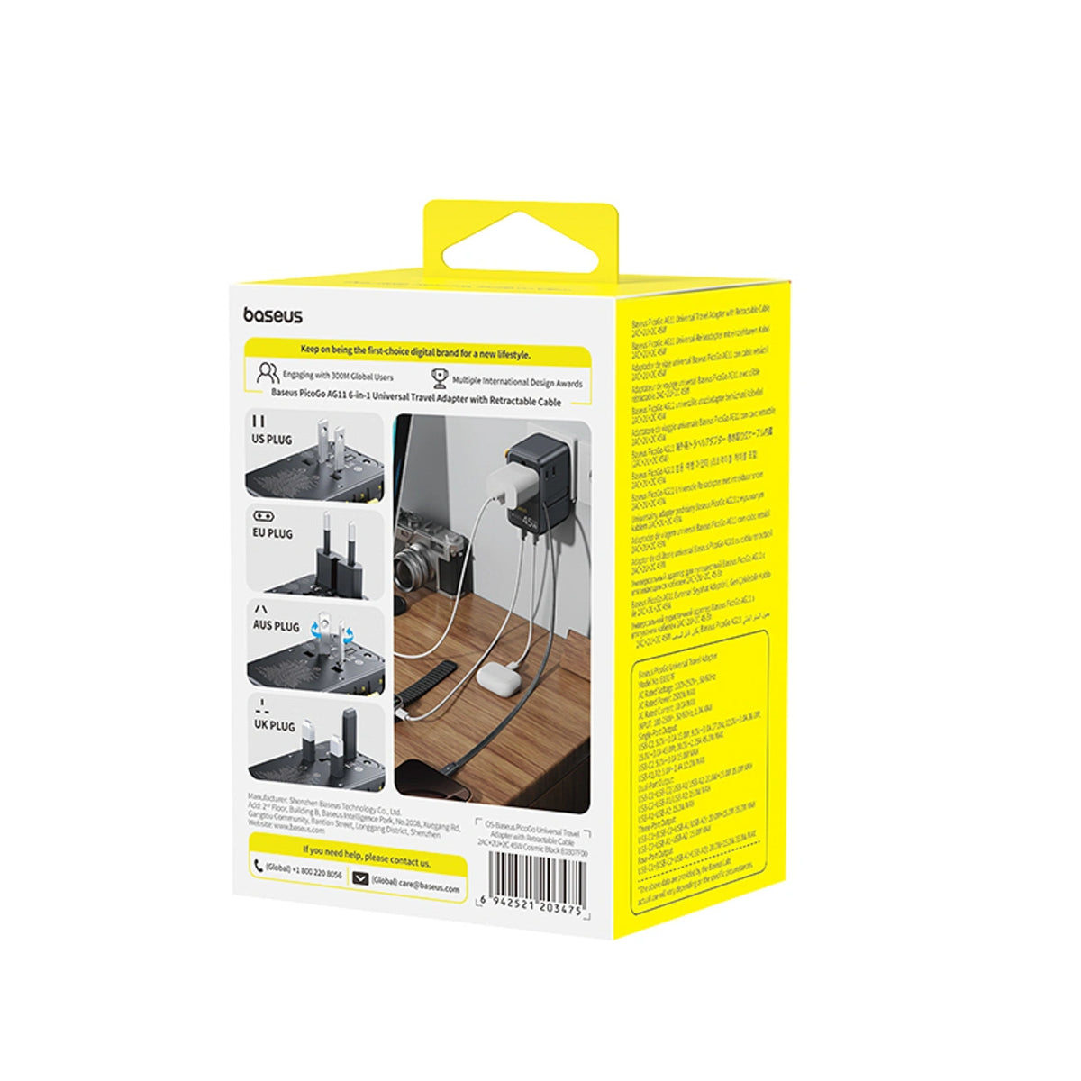 Adapter podróżny Baseus PicoGo AG11 45W 6w1 ze zwijanym kablem - czarny – zdjęcie 6