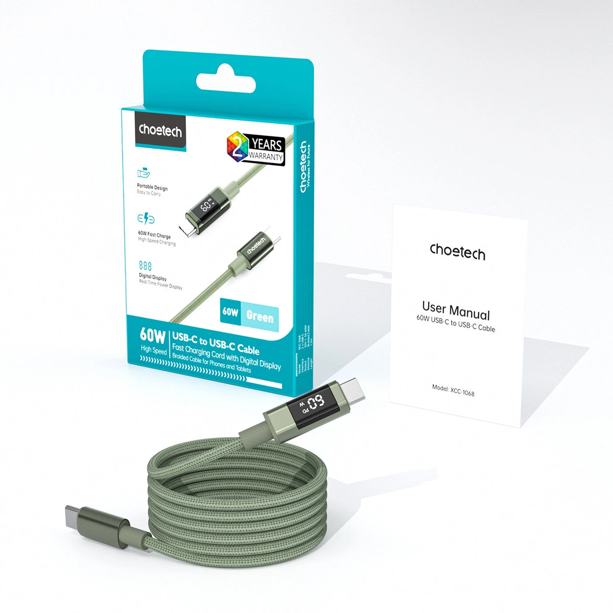 Kabel Choetech XCC-1068 PD 60 W USB-C - USB-C z wyświetlaczem - zielony – zdjęcie 3