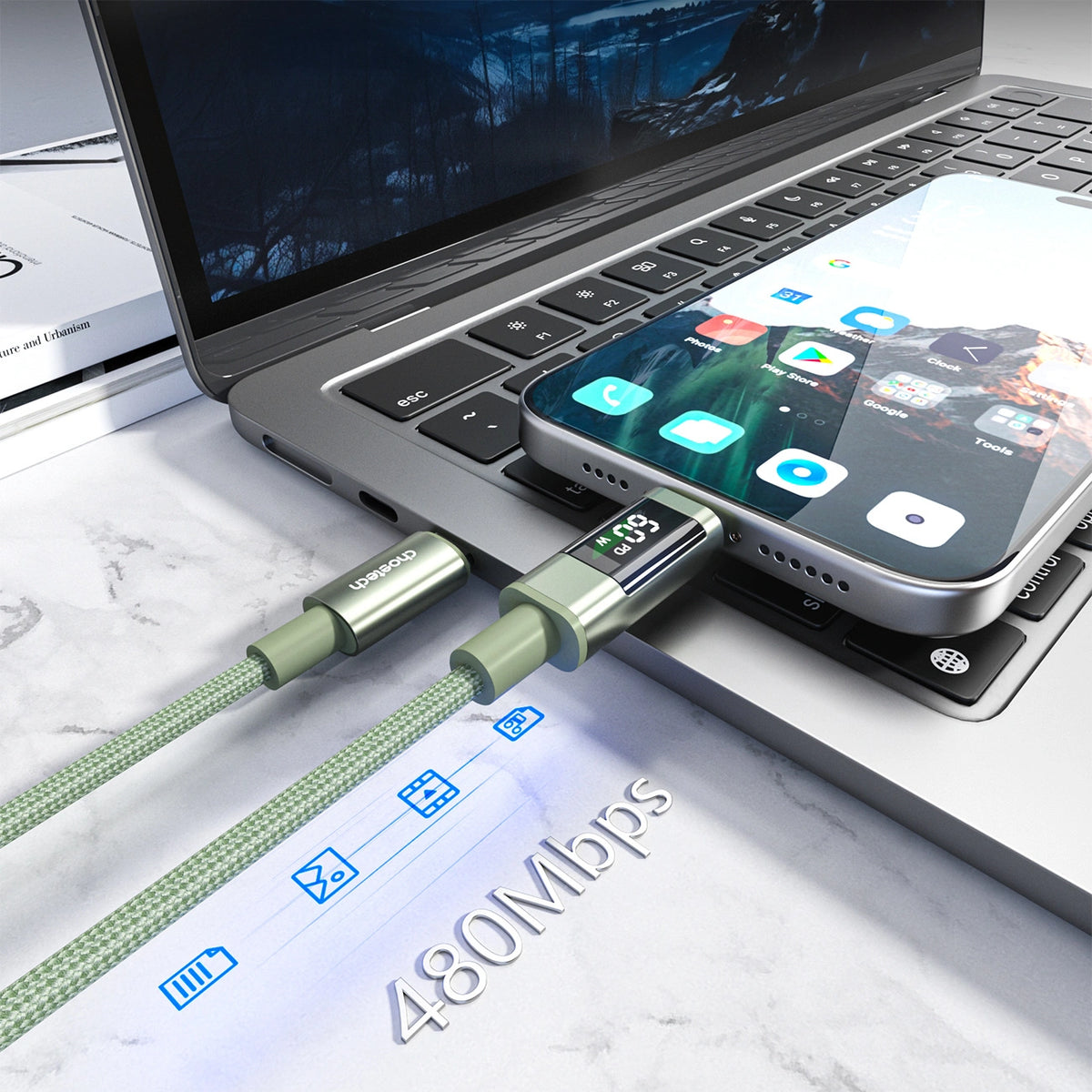 Kabel Choetech XCC-1068 PD 60 W USB-C - USB-C z wyświetlaczem - zielony – zdjęcie 7