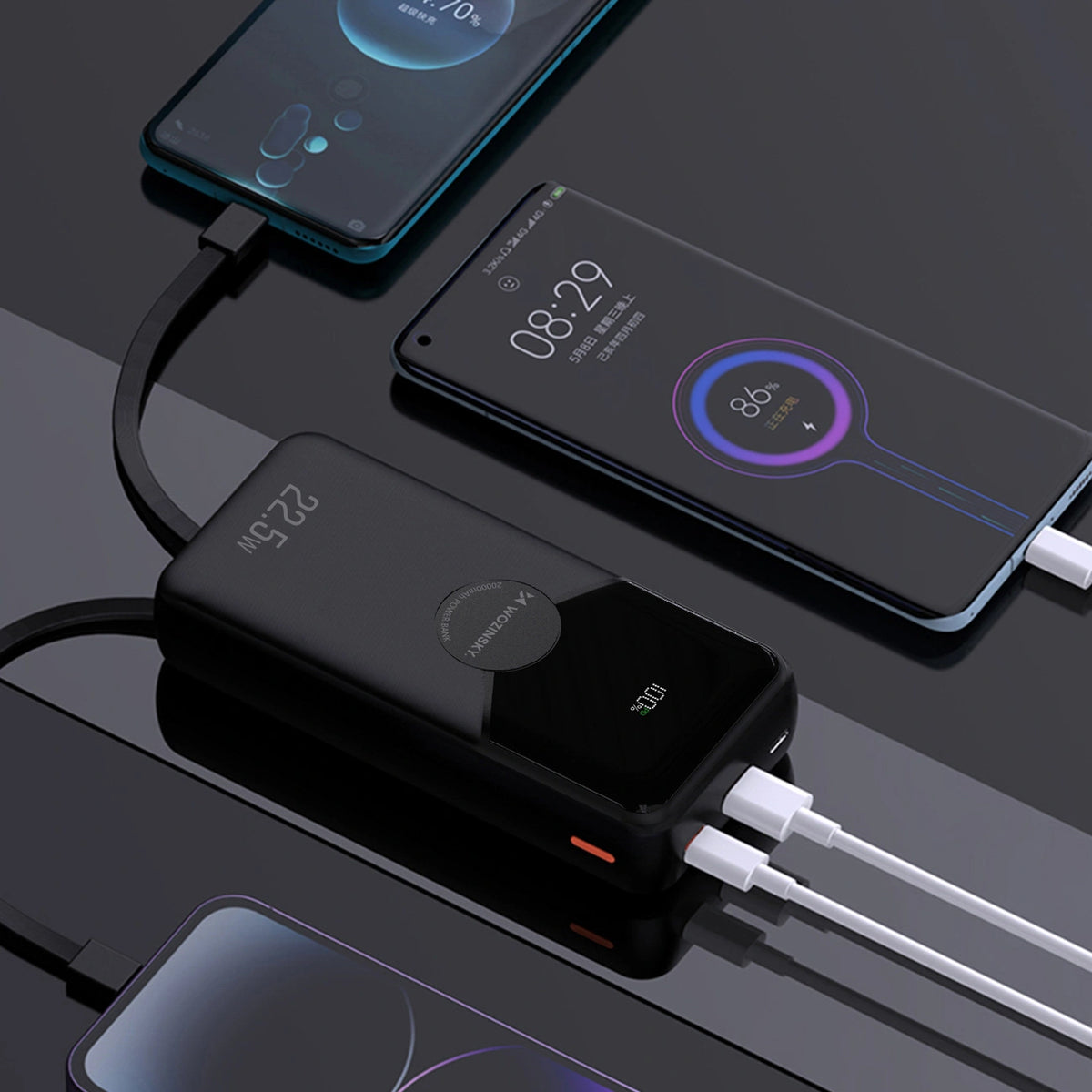 Powerbank Wozinsky 20000mAh 22,5W PD20W z wbudowanymi kablami - czarny – zdjęcie 5