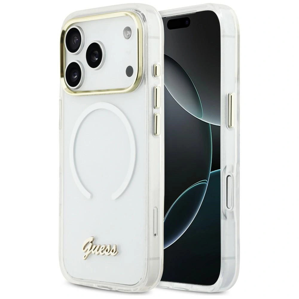 Etui Guess IML Gradient Script Metal MagSafe na iPhone 17 Pro - białe