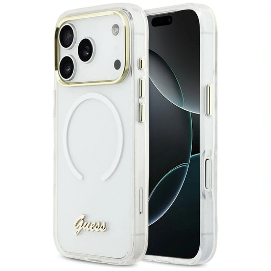 Etui Guess IML Gradient Script Metal MagSafe na iPhone 17 Pro - białe