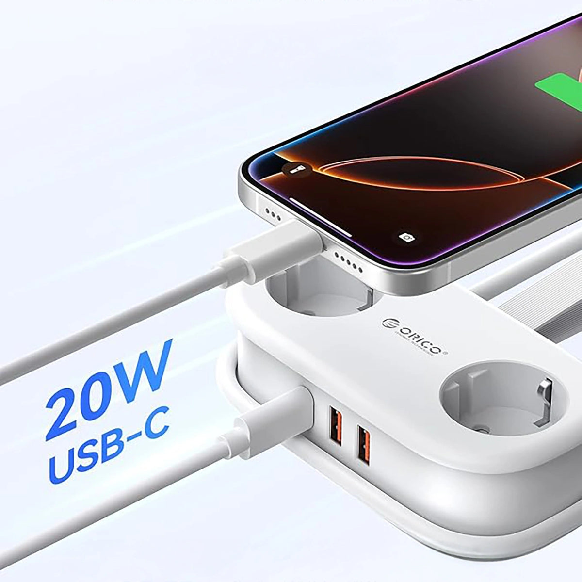Listwa zasilająca Orico AP3 20W GaN 5w1 2x AC + 2x USB-A + 1x USB-C - biała – zdjęcie 2