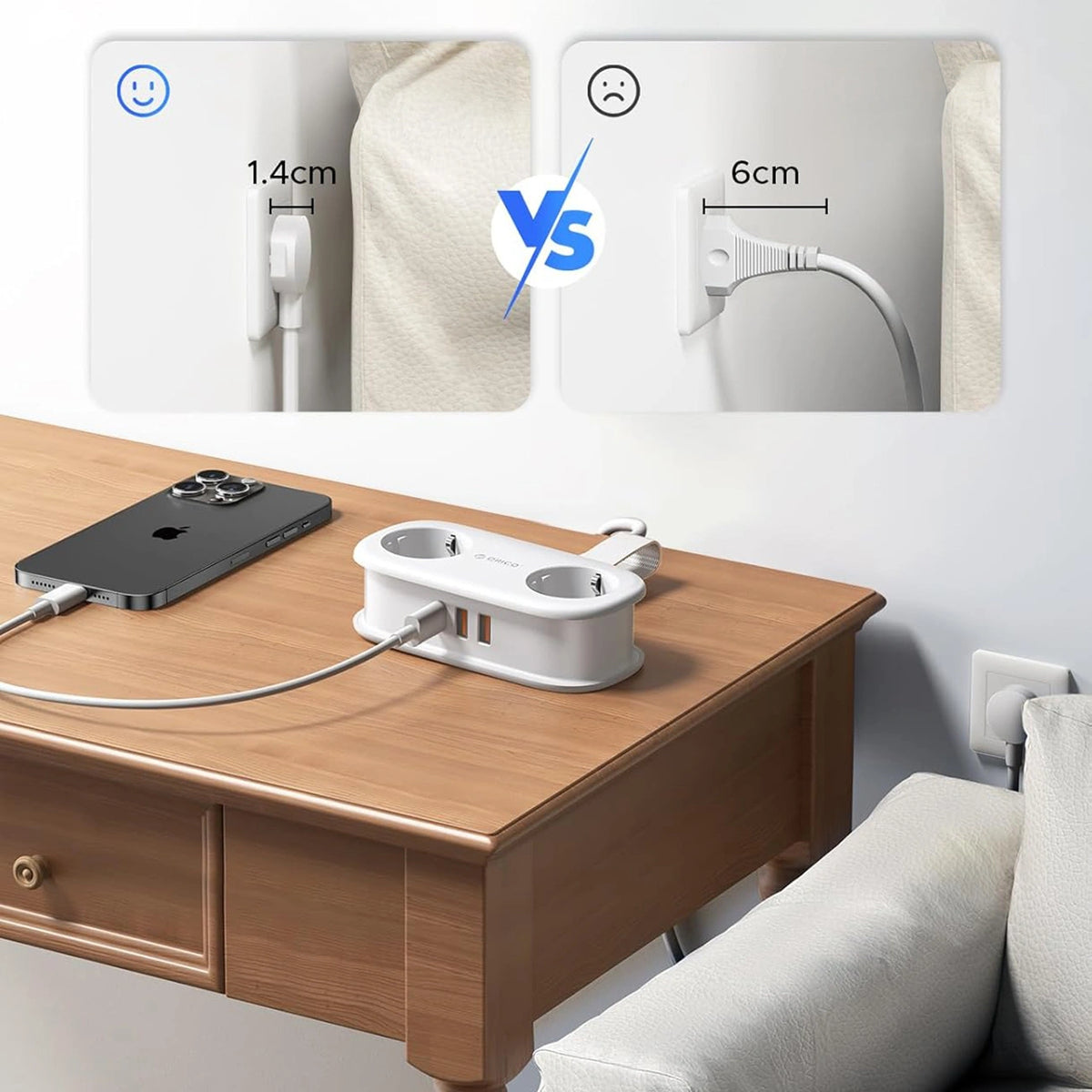 Listwa zasilająca Orico AP3 20W GaN 5w1 2x AC + 2x USB-A + 1x USB-C - biała – zdjęcie 5