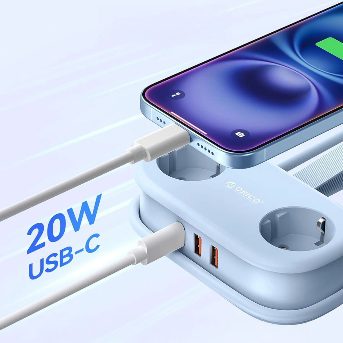 Listwa zasilająca Orico AP3 20W GaN 5w1 2x AC + 2x USB-A + 1x - niebieska – zdjęcie 2