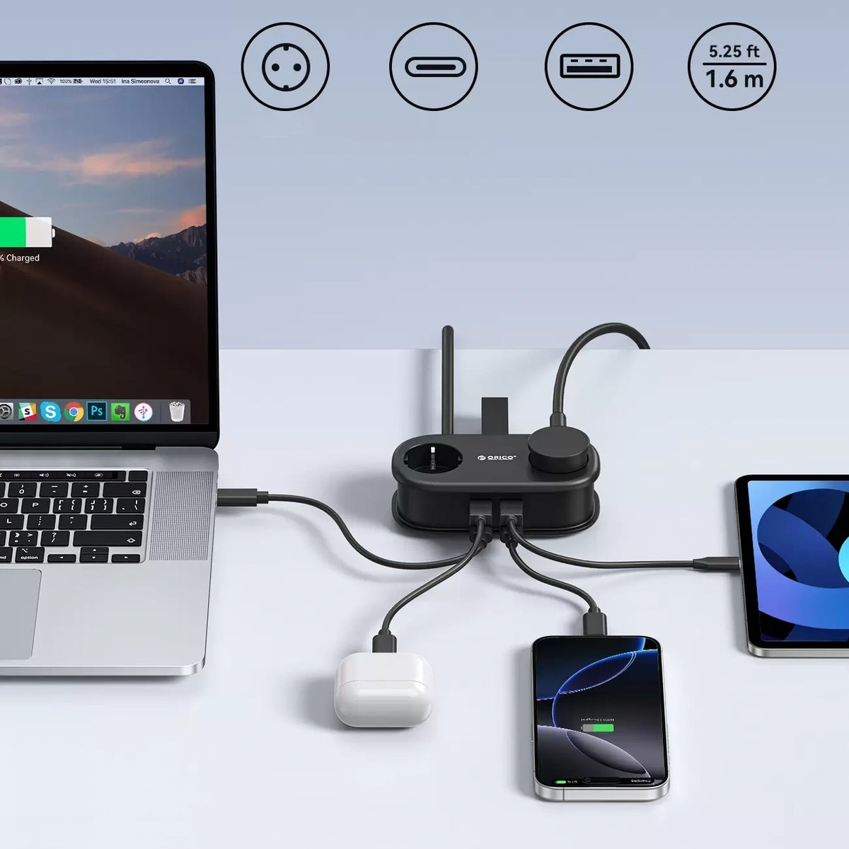 Listwa zasilająca Orico AP3 65W GaN 6w1 2x AC + 2x USB-A + 2x - czarna – zdjęcie 5