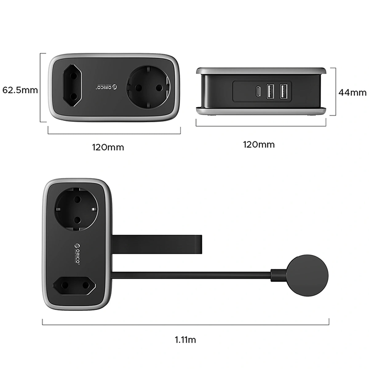 Listwa zasilająca Orico APP 15.5W 5w1 2x AC + 2x USB-A + 1x USB-C - czarna – zdjęcie 4
