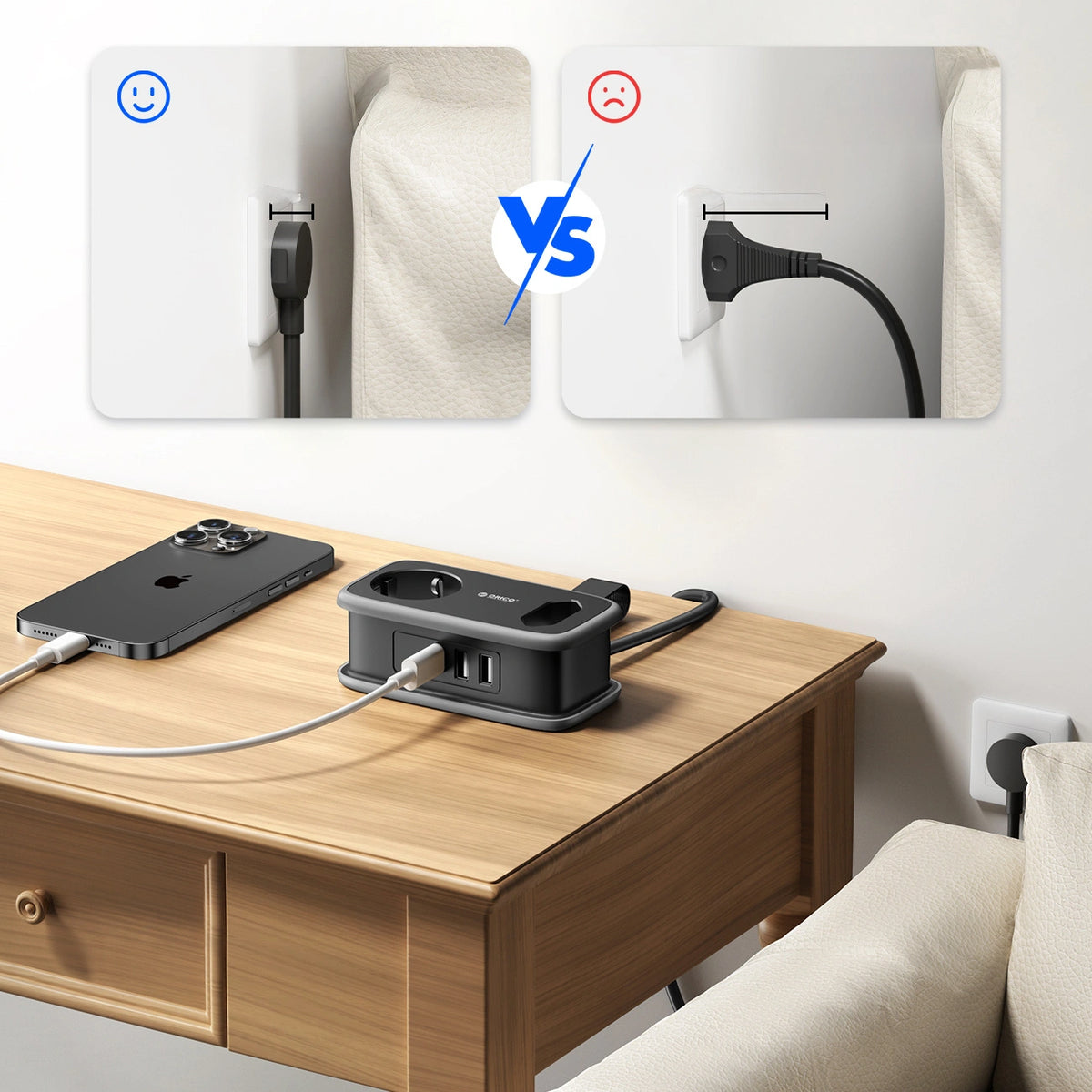 Listwa zasilająca Orico APP 15.5W 5w1 2x AC + 2x USB-A + 1x USB-C - czarna – zdjęcie 6