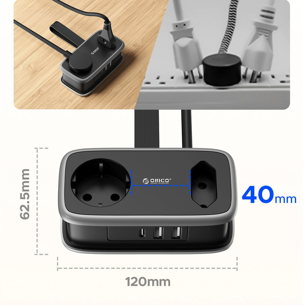 Listwa zasilająca Orico APP 15.5W 5w1 2x AC + 2x USB-A + 1x USB-C - czarna – zdjęcie 8