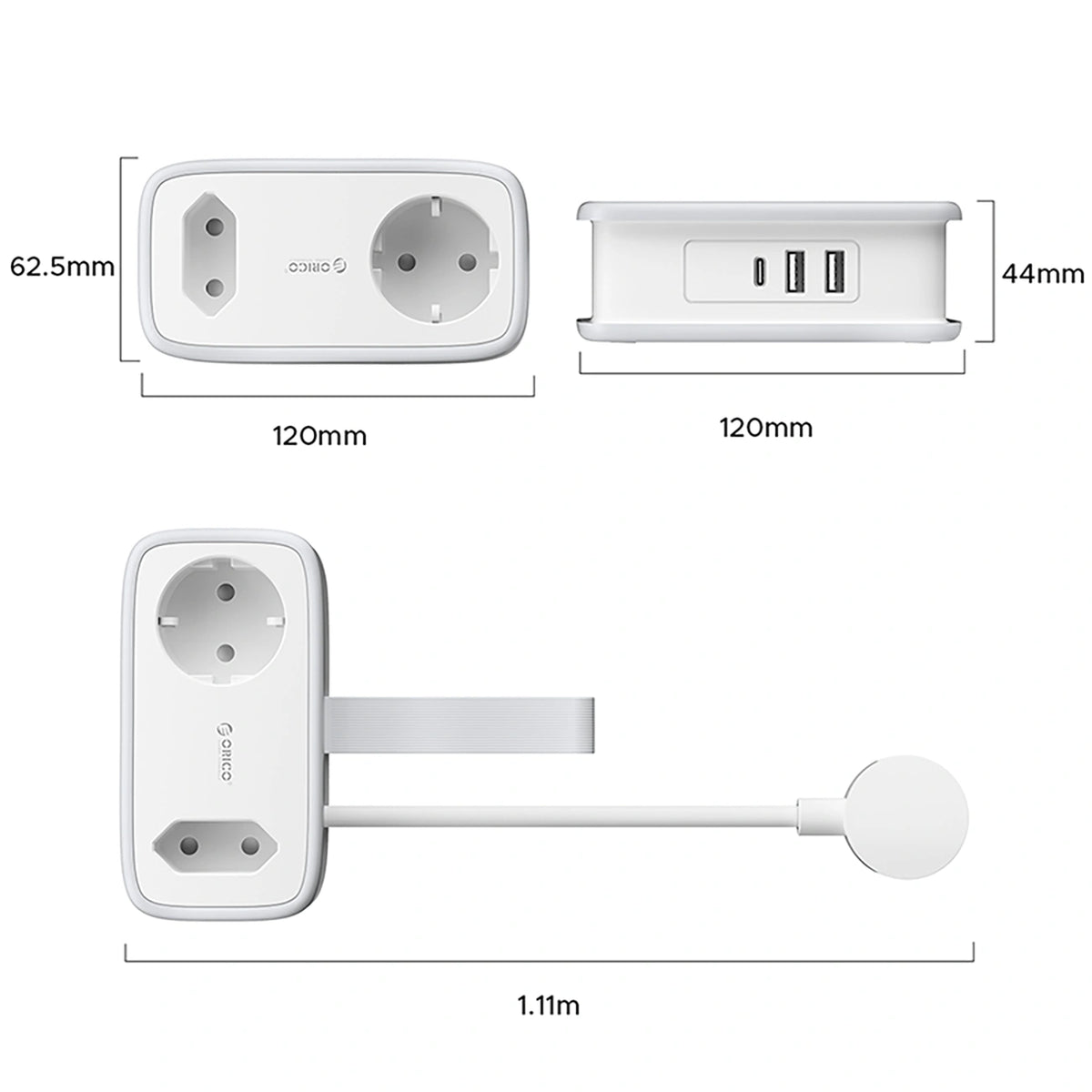 Listwa zasilająca Orico APP 15.5W 5w1 2x AC + 2x USB-A + 1x USB-C - biała – zdjęcie 3