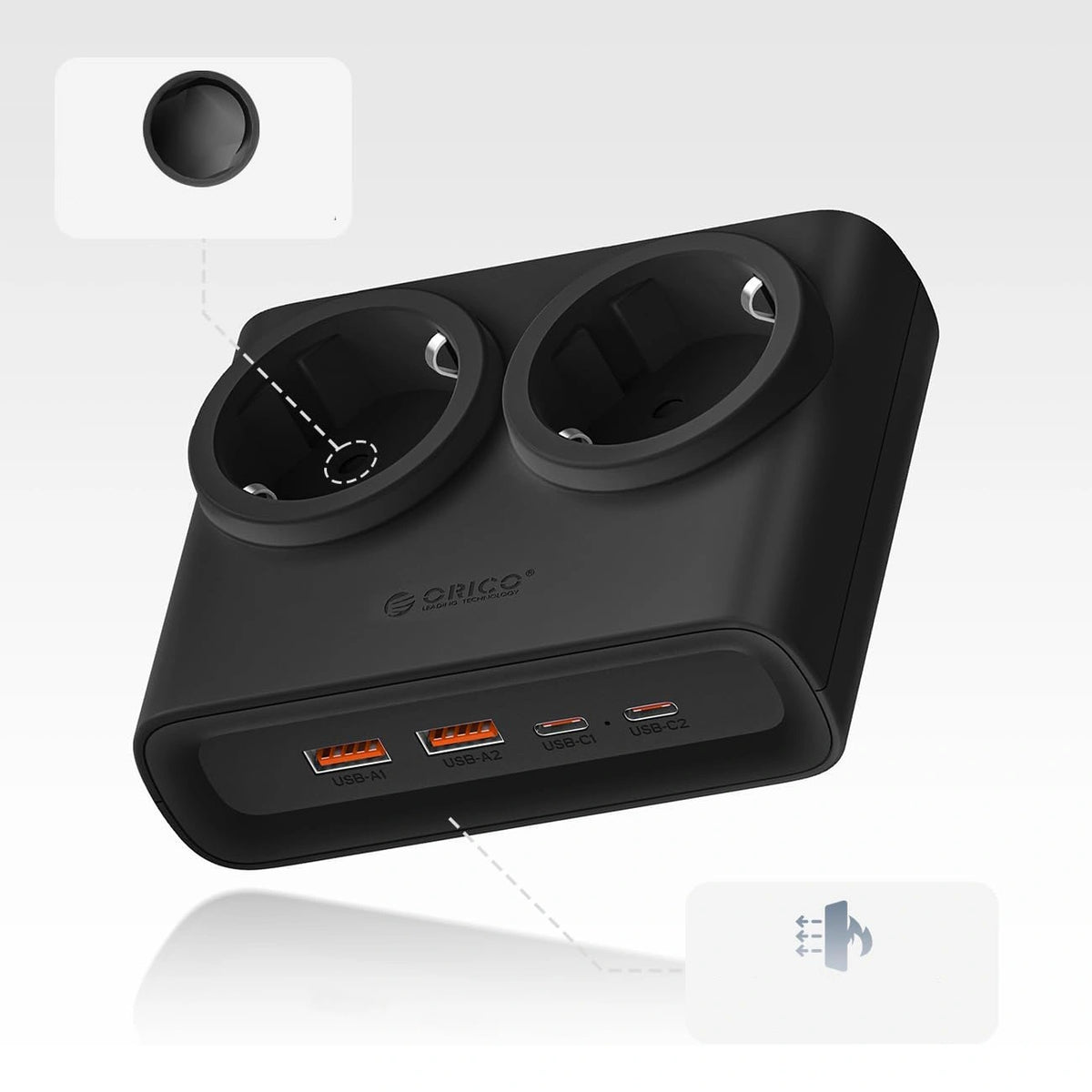 Listwa zasilająca Orico PDC25 25W 6w1 2x AC + 2x USB-A + 2x USB-C - czarna – zdjęcie 2