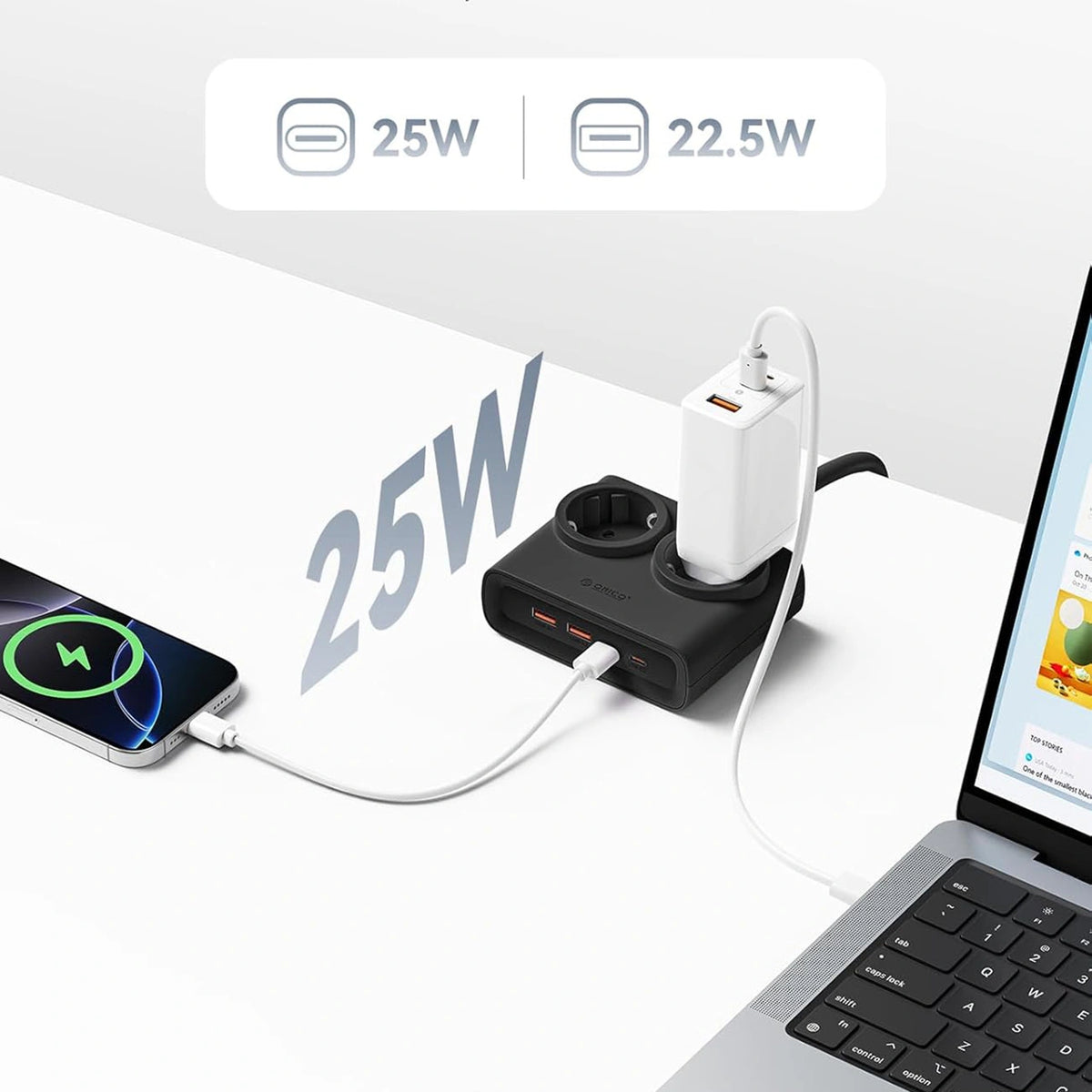 Listwa zasilająca Orico PDC25 25W 6w1 2x AC + 2x USB-A + 2x USB-C - czarna – zdjęcie 3