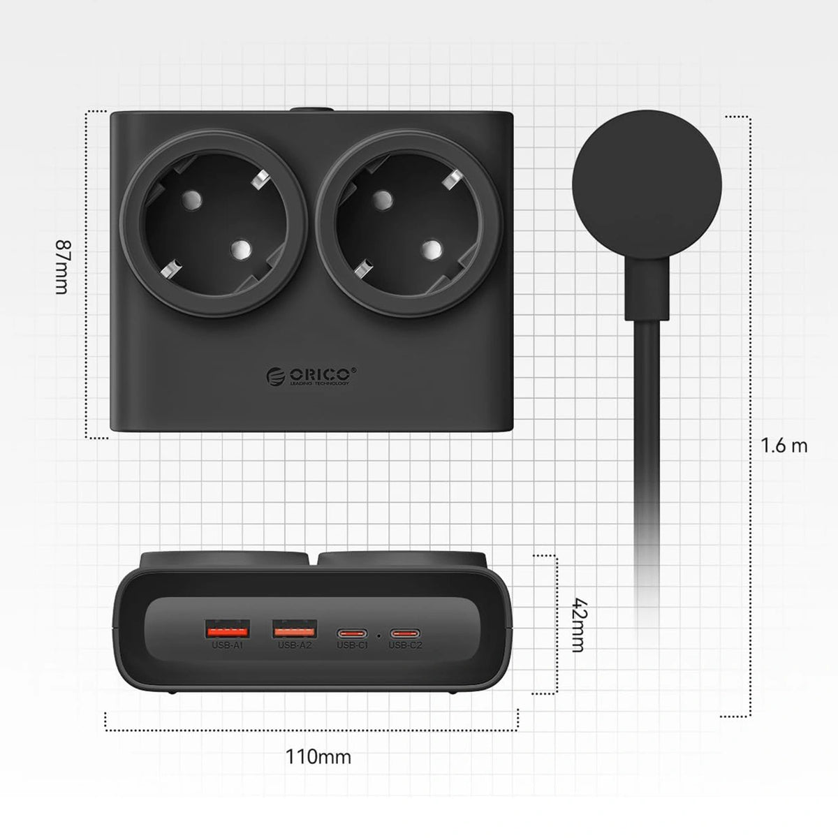 Listwa zasilająca Orico PDC25 25W 6w1 2x AC + 2x USB-A + 2x USB-C - czarna – zdjęcie 5