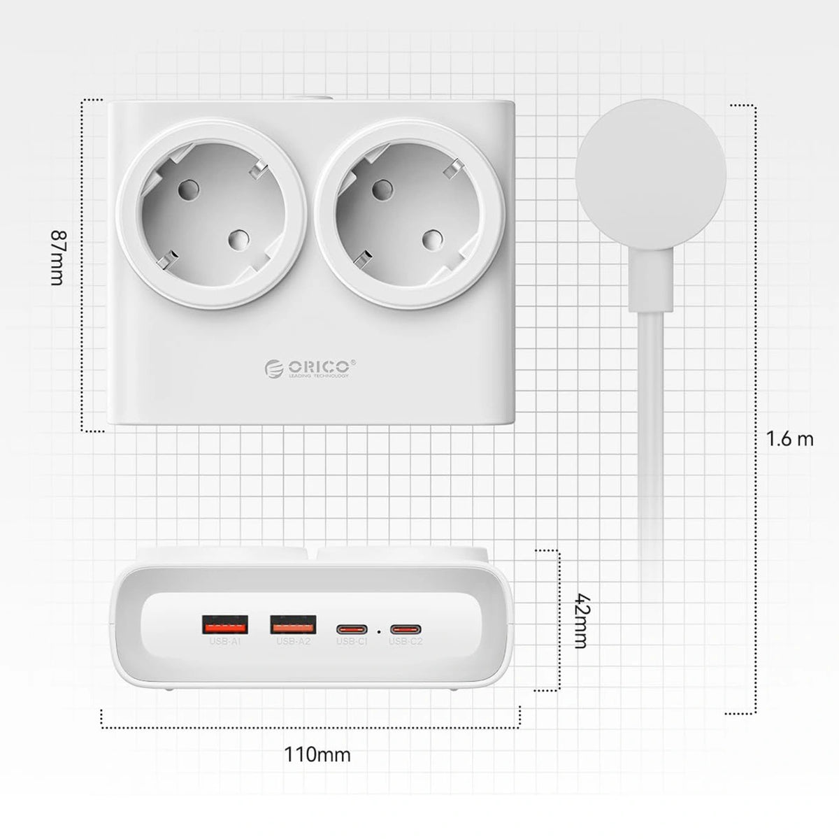 Listwa zasilająca Orico PDC25 25W 6w1 2x AC + 2x USB-A + 2x USB-C - biała – zdjęcie 4