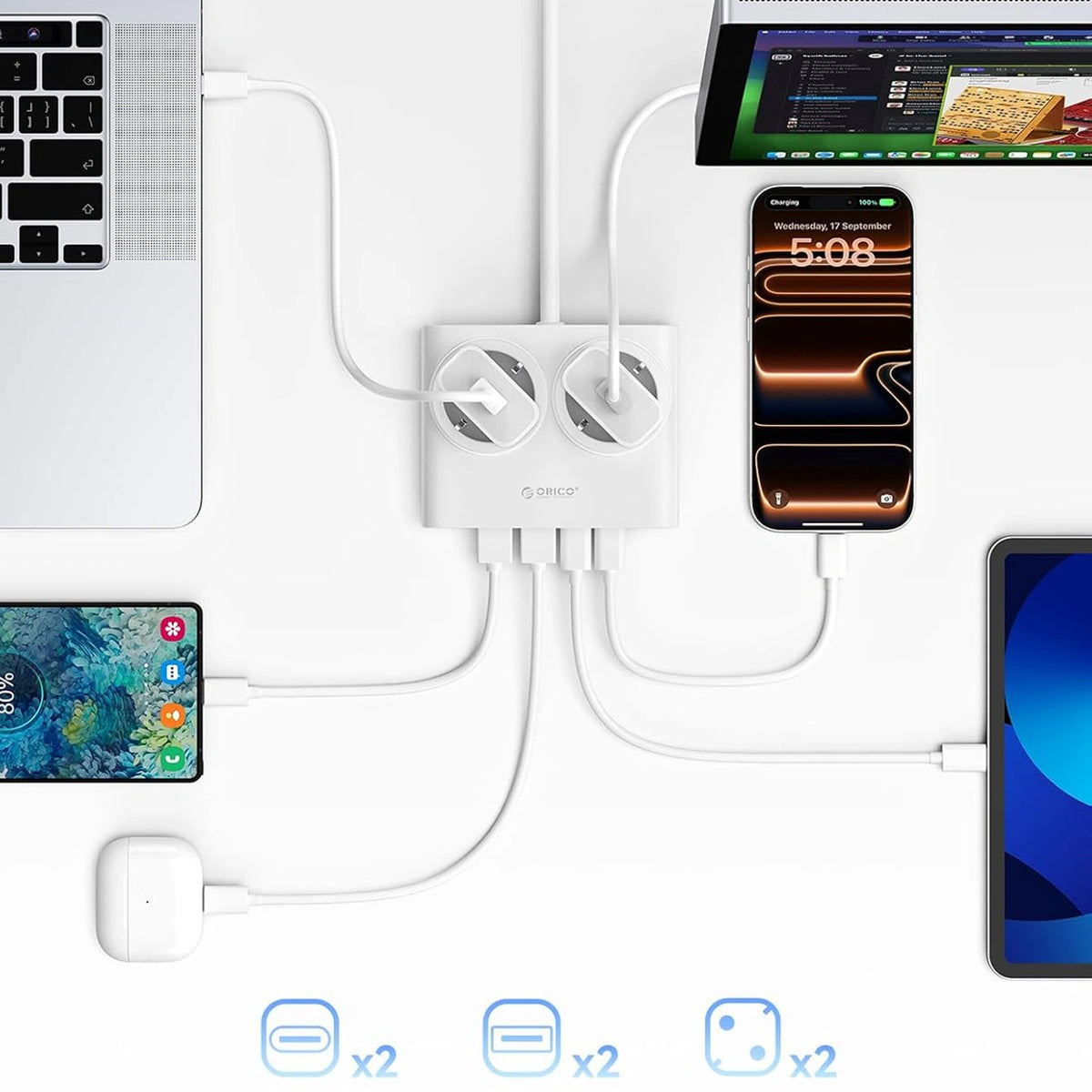 Listwa zasilająca Orico PDC25 25W 6w1 2x AC + 2x USB-A + 2x USB-C - biała – zdjęcie 6