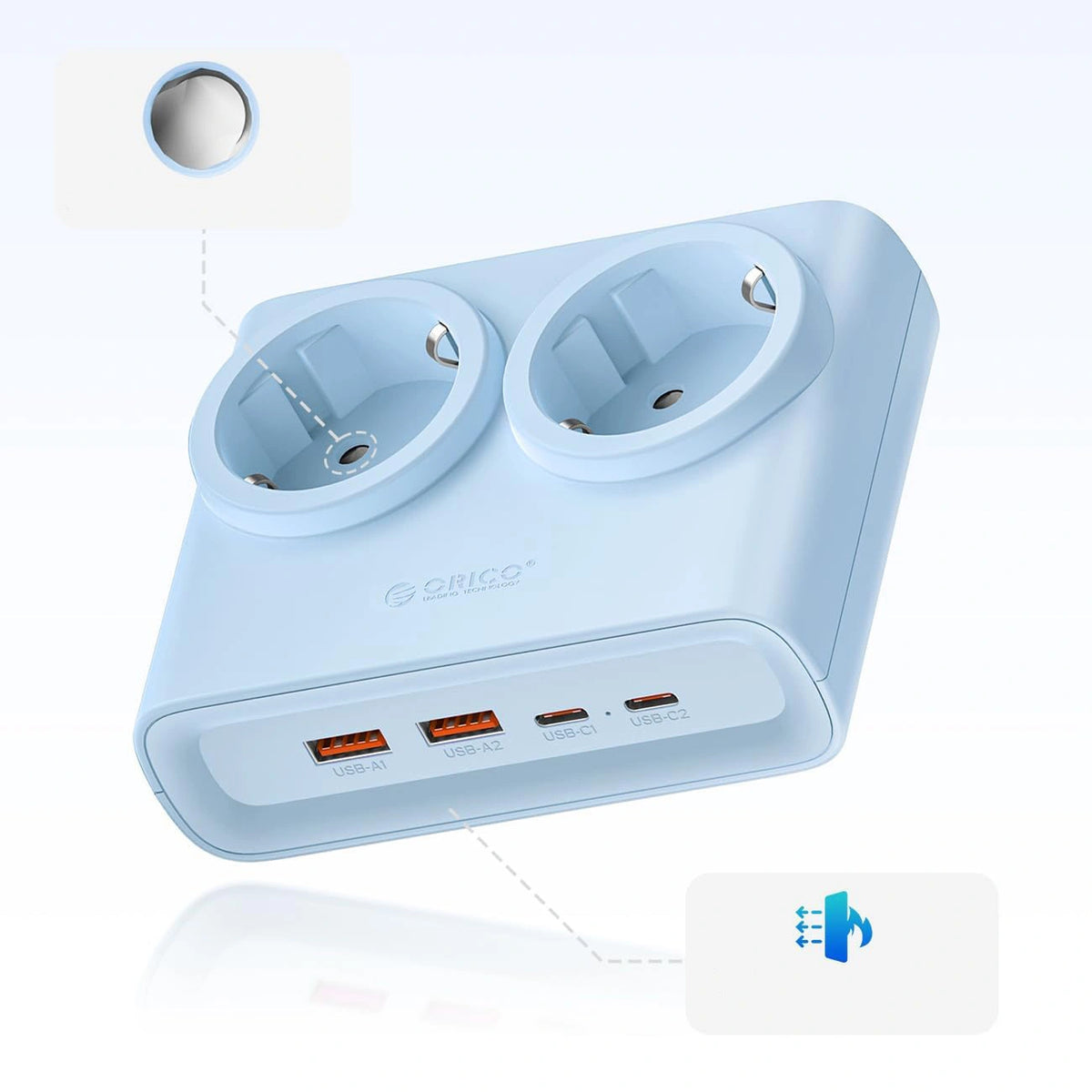 Listwa zasilająca Orico PDC25 25W 6w1 2x AC + 2x USB-A + 2x - niebieska – zdjęcie 3