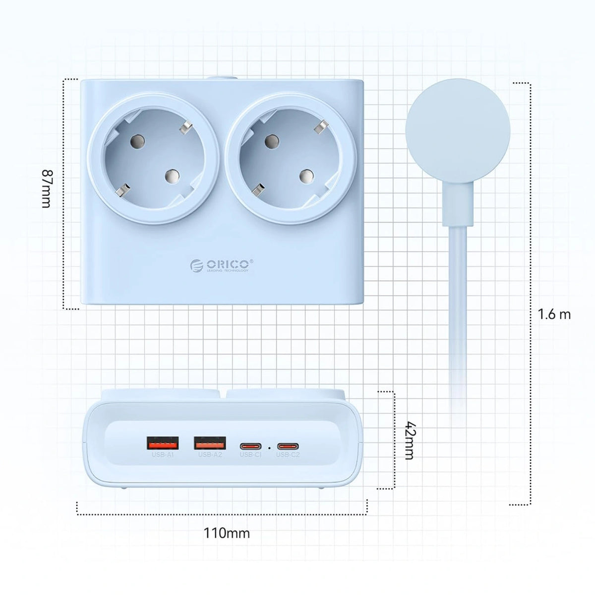 Listwa zasilająca Orico PDC25 25W 6w1 2x AC + 2x USB-A + 2x - niebieska – zdjęcie 4