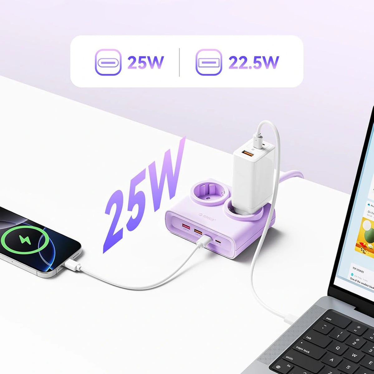 Listwa zasilająca Orico PDC25 25W 6w1 2x AC + 2x USB-A + 2x - fioletowa – zdjęcie 3