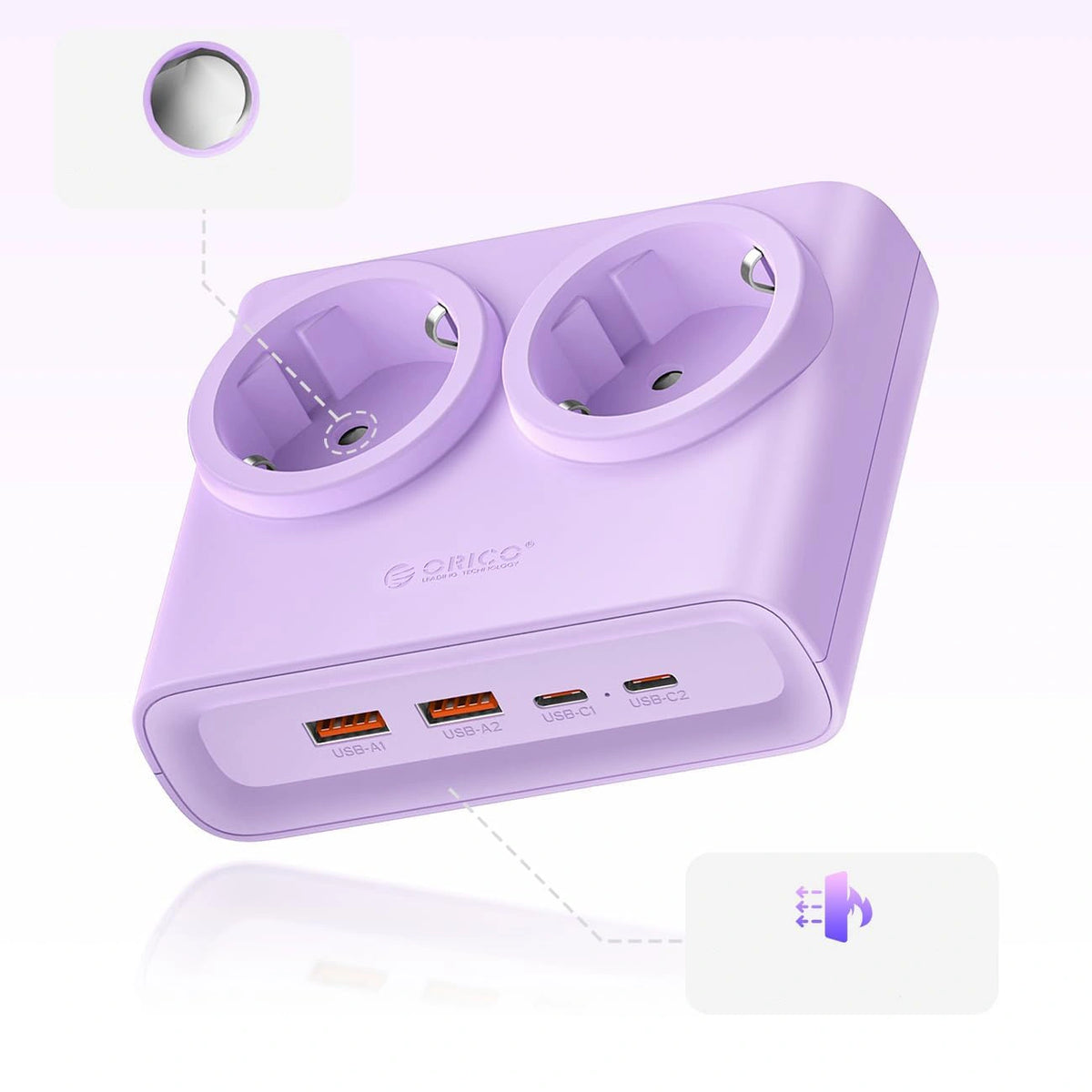 Listwa zasilająca Orico PDC25 25W 6w1 2x AC + 2x USB-A + 2x - fioletowa – zdjęcie 4