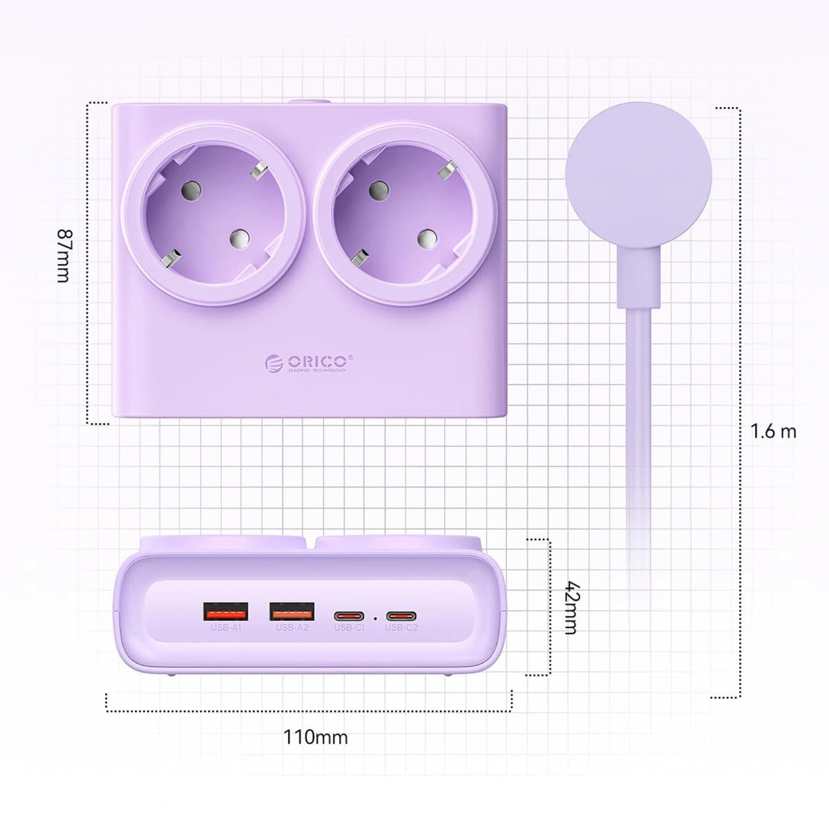 Listwa zasilająca Orico PDC25 25W 6w1 2x AC + 2x USB-A + 2x - fioletowa – zdjęcie 5