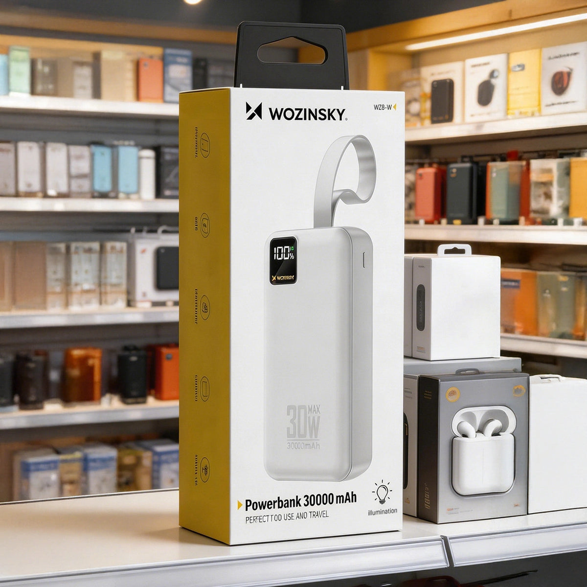 Powerbank Wozinsky W8-W 30000mAh 30W 2x USB-A i USB-C z latarką - biały – zdjęcie 7