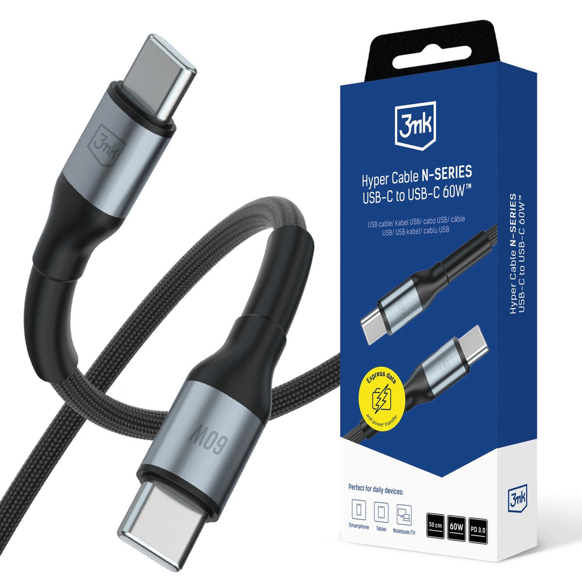 Kabel 3mk Hyper Cable N-SERIES USB-C / USB-C 50cm PD 3.0 QC 3.0 - czarny