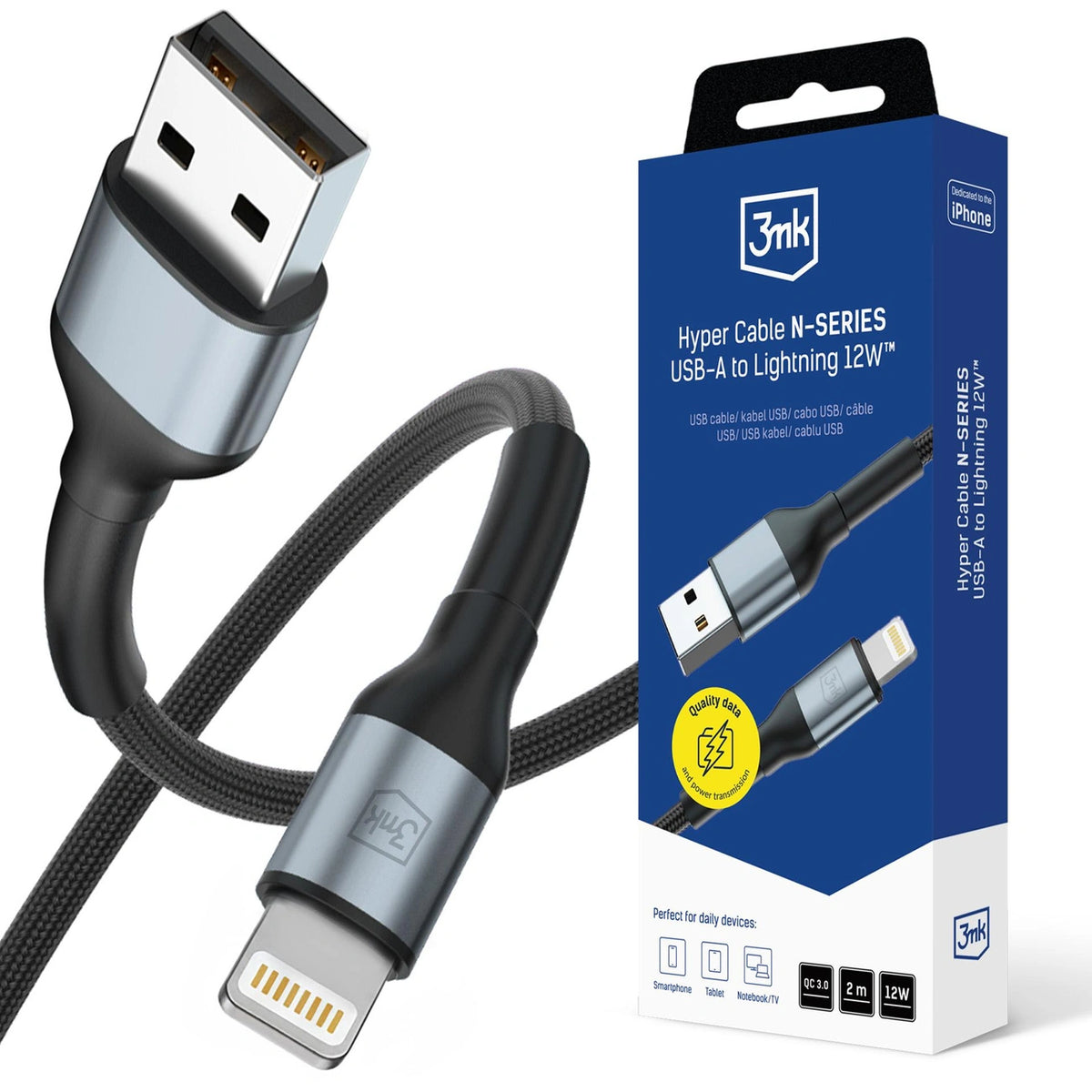Kabel 3mk Hyper Cable N-SERIES USB-A / Lightning 2m QC 3.0 - czarny