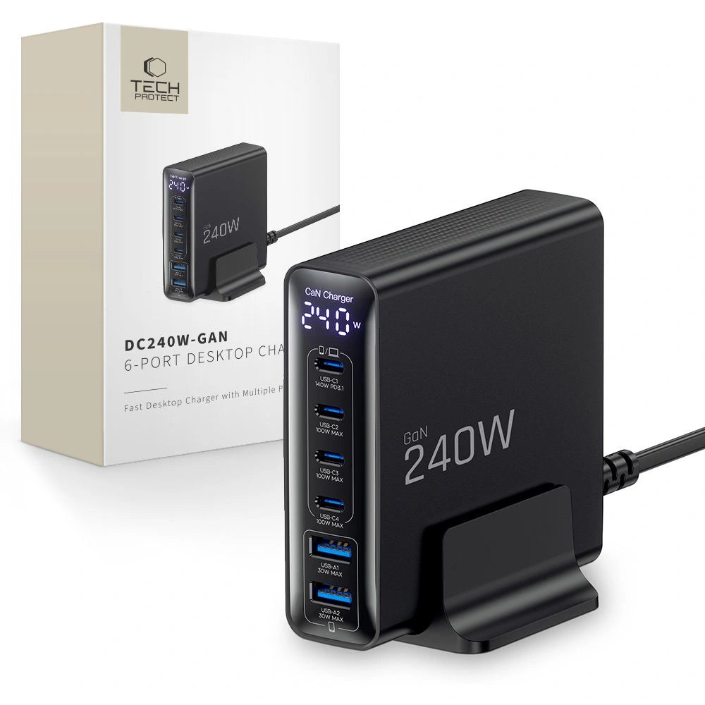 Stacja ładująca Tech-Protect DC240W-GaN 6 portów 4 x USB-C 2 x - czarna