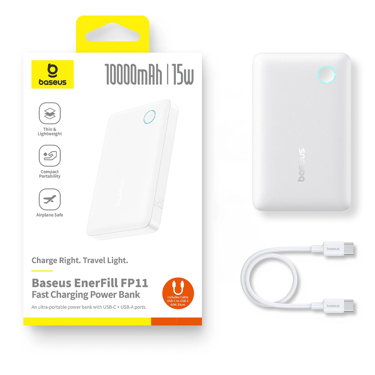 Powerbank Baseus EnerFill FP11 10000mAh 15W z białym kablem USB-C - biały – zdjęcie 10