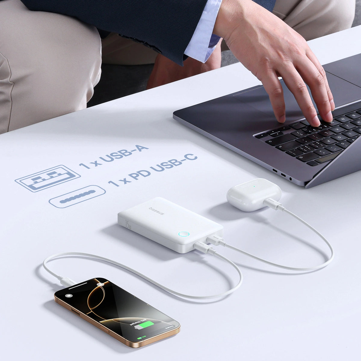 Powerbank Baseus EnerFill FP11 10000mAh 15W z białym kablem USB-C - biały – zdjęcie 11