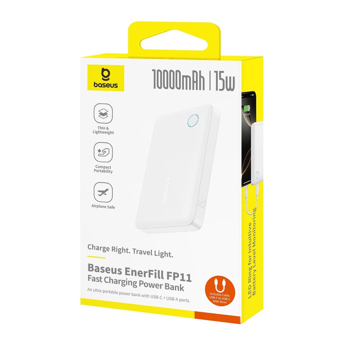 Powerbank Baseus EnerFill FP11 10000mAh 15W z białym kablem USB-C - biały – zdjęcie 8