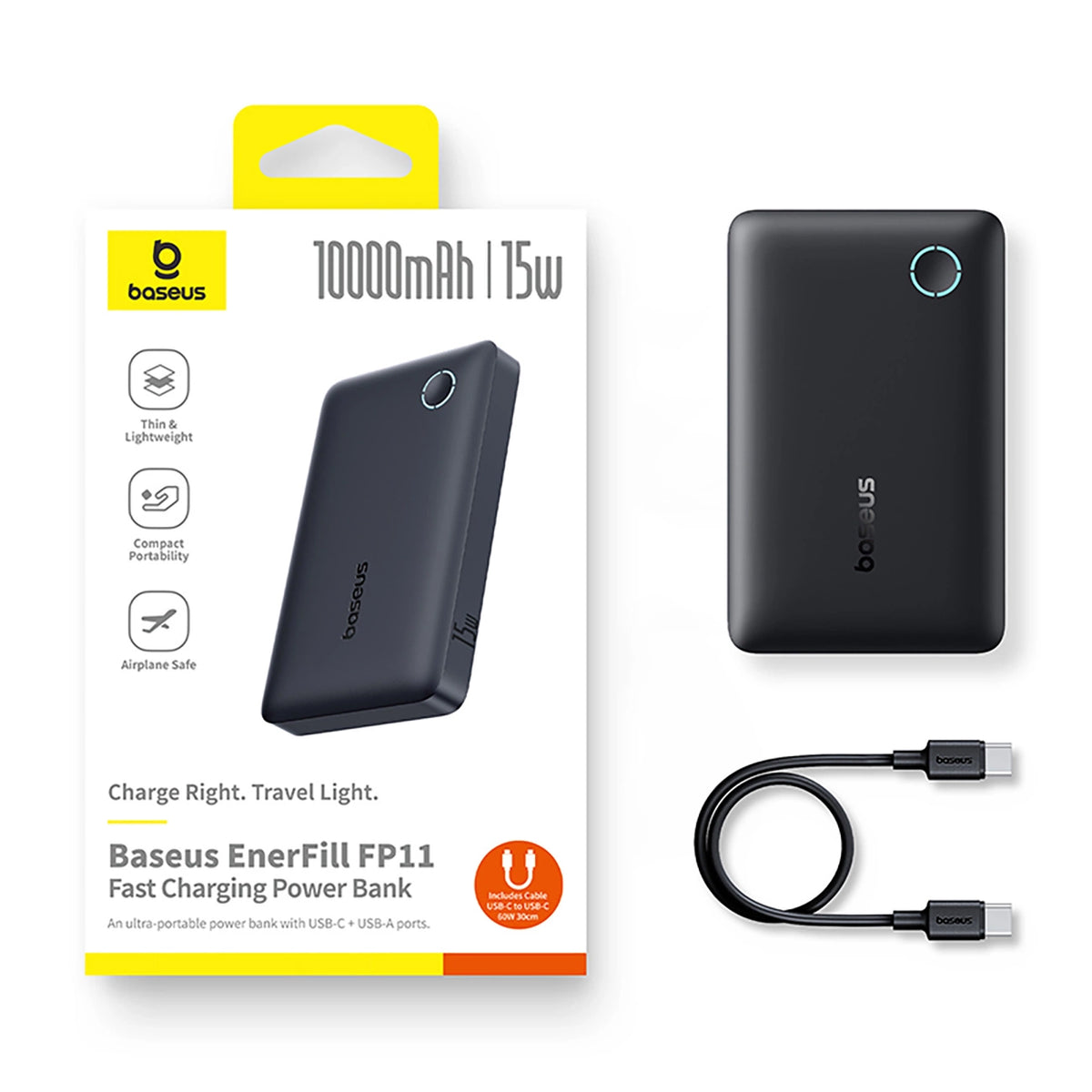 Powerbank Baseus EnerFill FP11 10000mAh 15W (z czarnym kablem - czarny