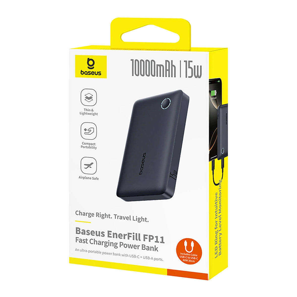 Powerbank Baseus EnerFill FP11 10000mAh 15W (z czarnym kablem - czarny
