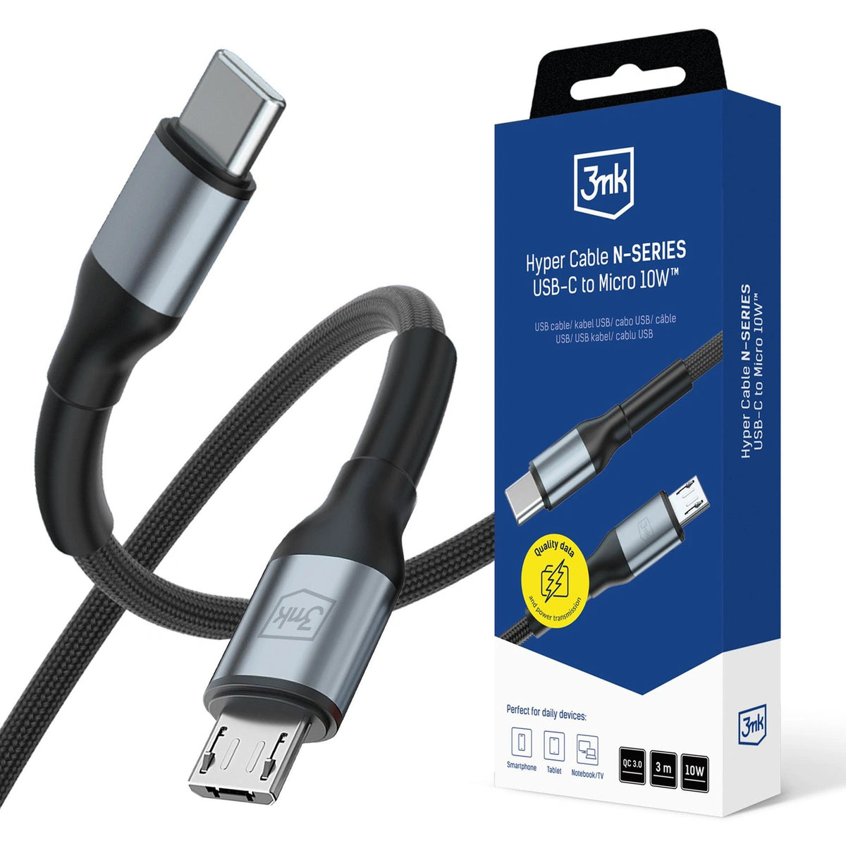 Kabel 3mk Hyper Cable N-SERIES USB-C / MicroUSB 3m QC 3.0 5V/2A - czarny