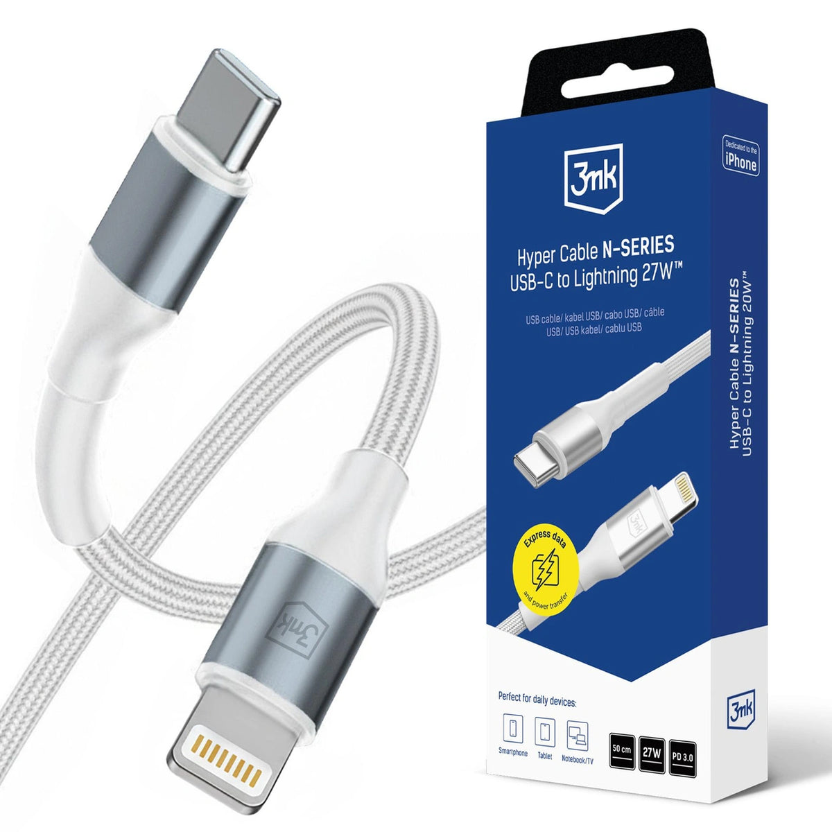 Kabel 3mk Hyper Cable N-SERIES USB-C / Lightning 50cm PD 3.0 9V/3A - biały
