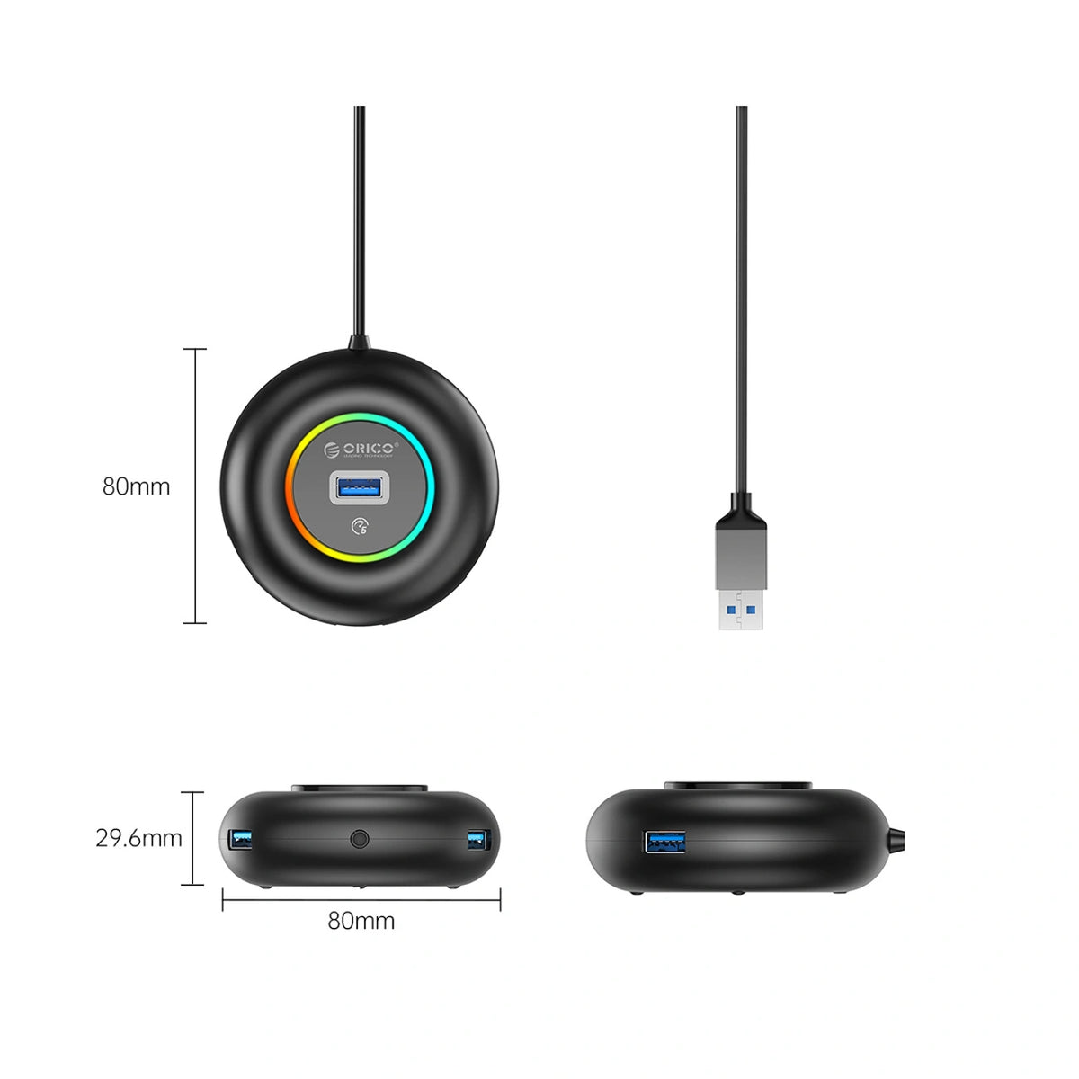 Hub USB Orico YXR4-U3 RGB 4-portowy USB-A 3.0 z portem - czarny – zdjęcie 2