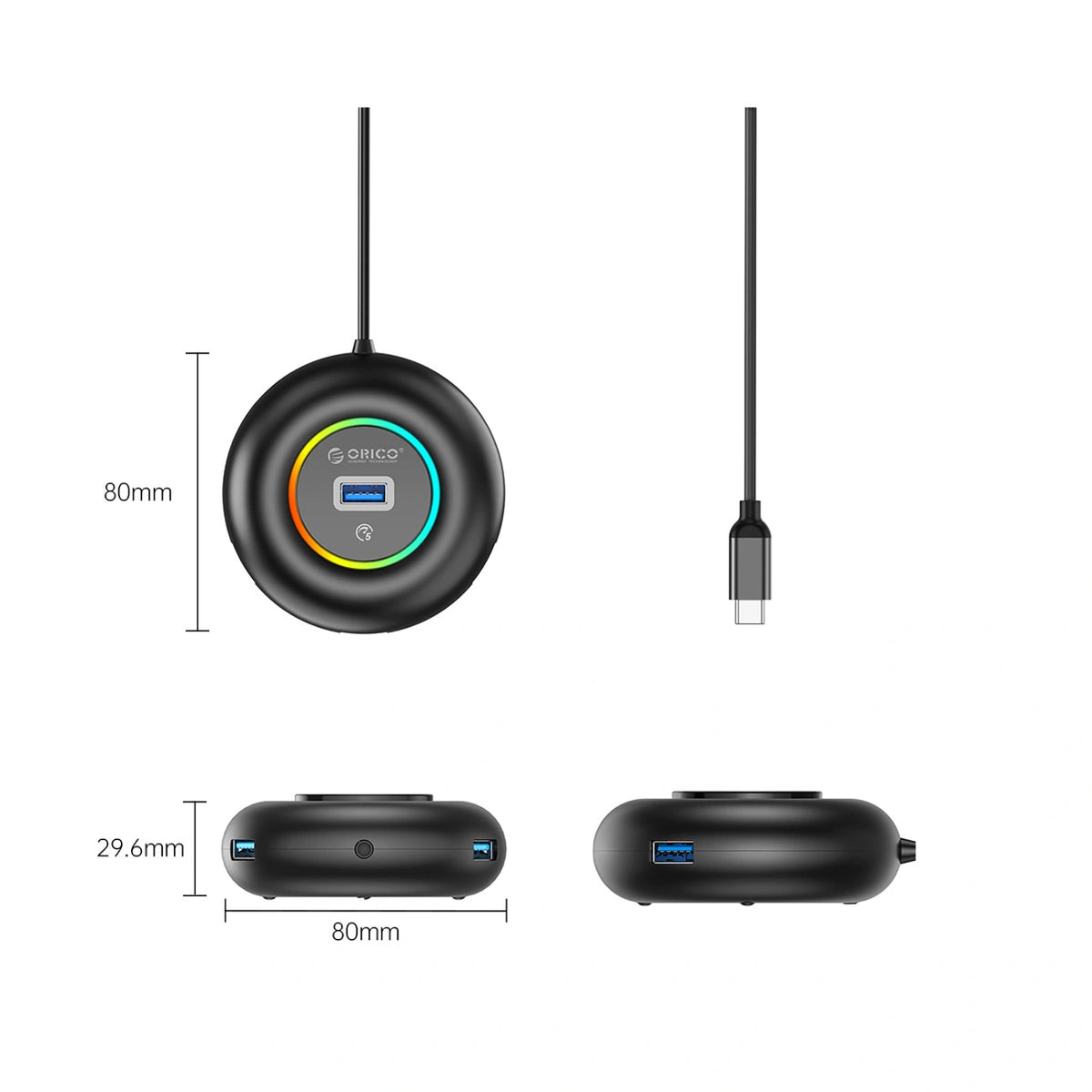 Hub USB Orico YXR4-C3 RGB 4-portowy USB-A 3.0 z portem - czarny – zdjęcie 2