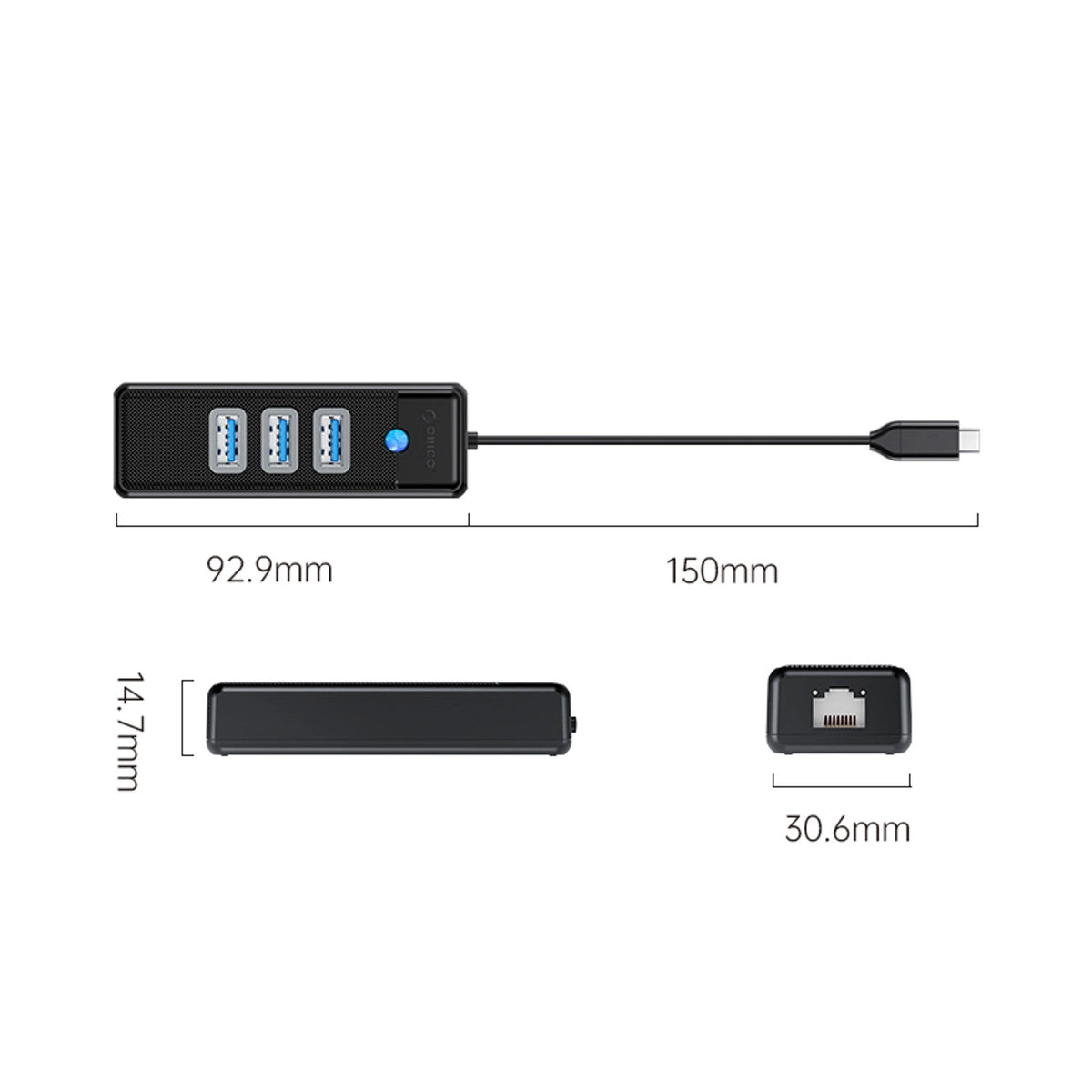 Hub USB Orico PW3UR25-C3 4-portowy 3x USB-A 3.0 1x RJ45 2.5G - czarny – zdjęcie 3