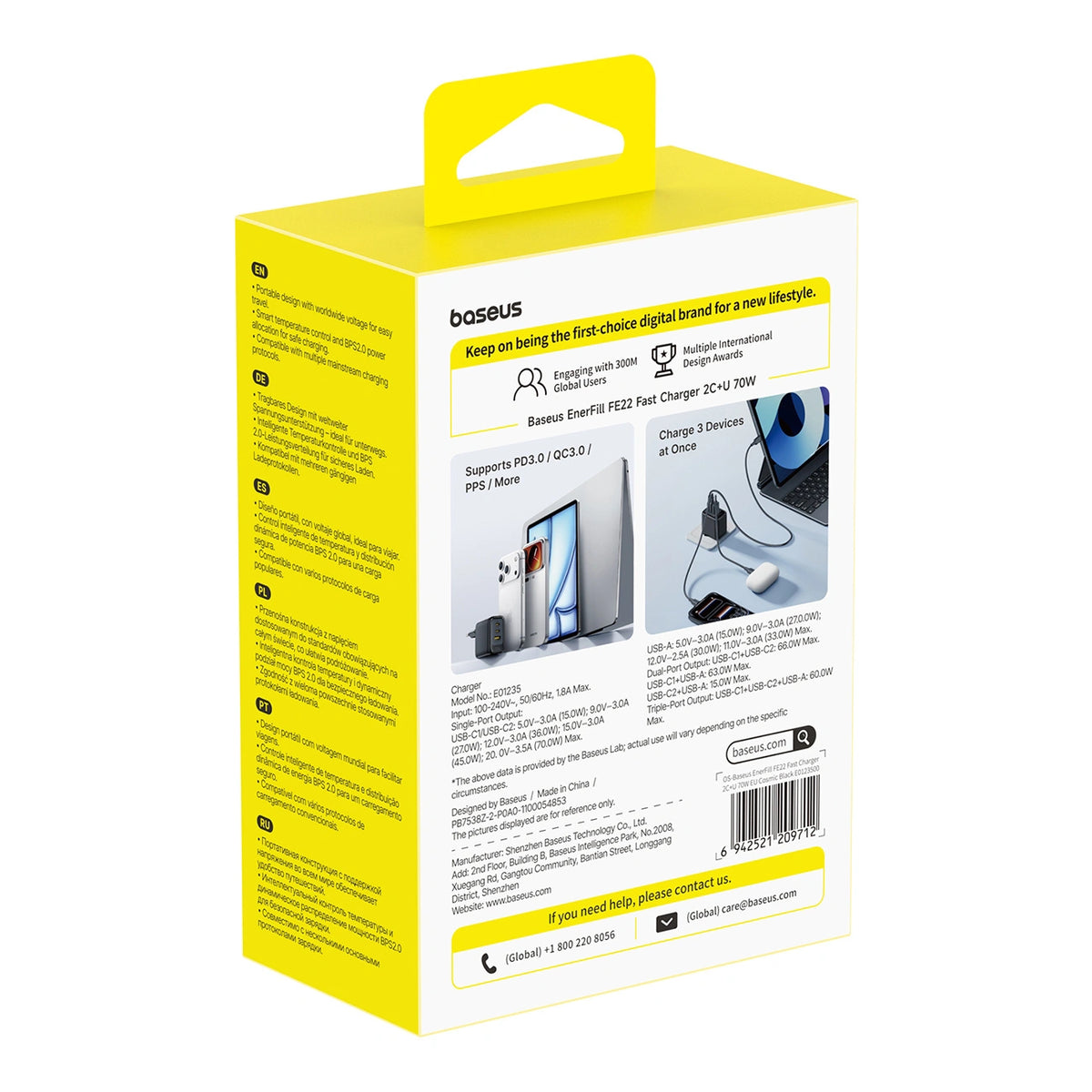 Ładowarka sieciowa Baseus EnerFill FE22 70W 2 x USB-C + USB-A - czarna – zdjęcie 5