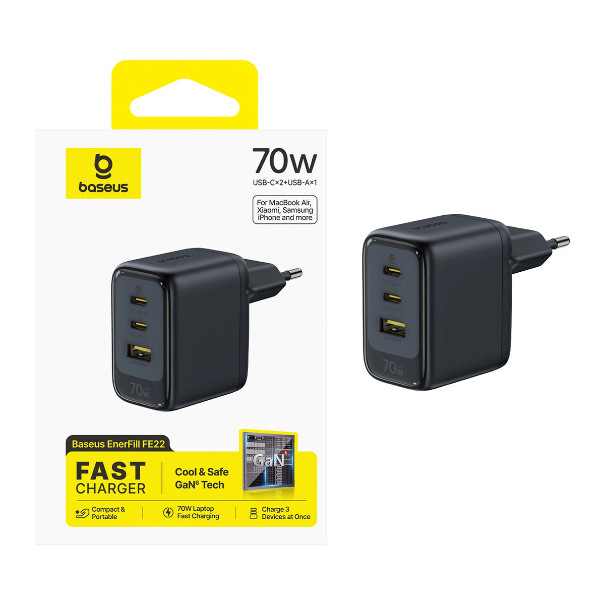 Ładowarka sieciowa Baseus EnerFill FE22 70W 2 x USB-C + USB-A - czarna – zdjęcie 6