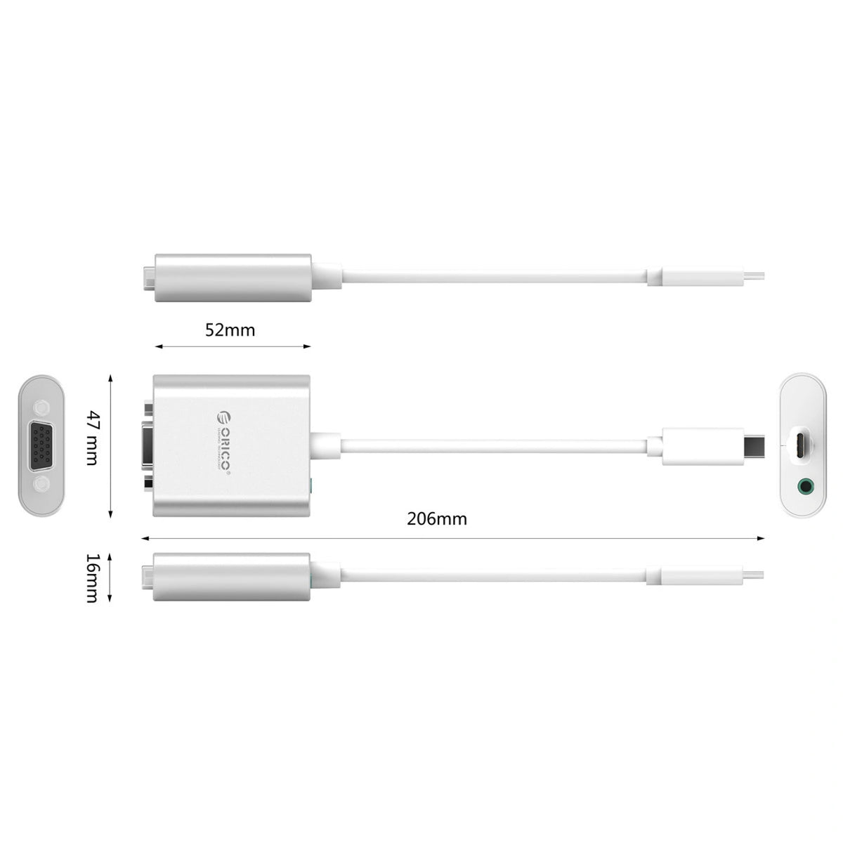 Adapter Orico PTAV USB-C - VGA i mini jack 3.5 mm Full HD 0.15 m - srebrny – zdjęcie 4
