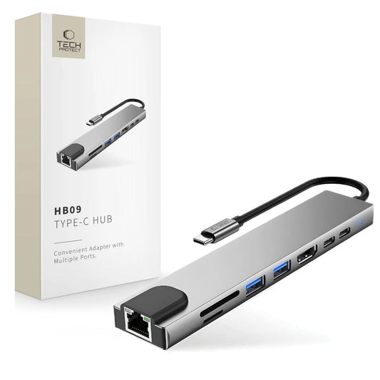 Hub USB Tech-Protect HB09 8w1 TYPE-C + USB-A 3.0 + USB-C 3.0 + - szary