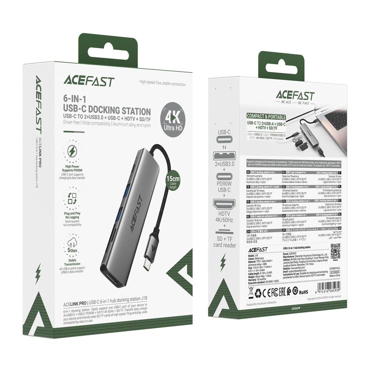 Hub USB Acefast J18 stacja dokująca USB-C 6w1 HDMI 4K 60Hz PD90W - szara – zdjęcie 4