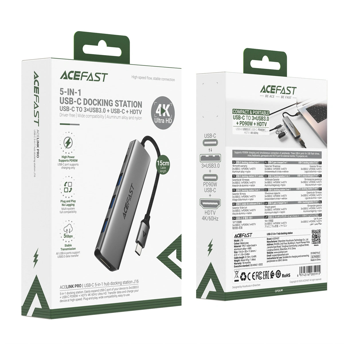 Hub USB Acefast J16 stacja dokująca USB-C 5w1 HDMI 4K 60Hz PD90W - szara – zdjęcie 5