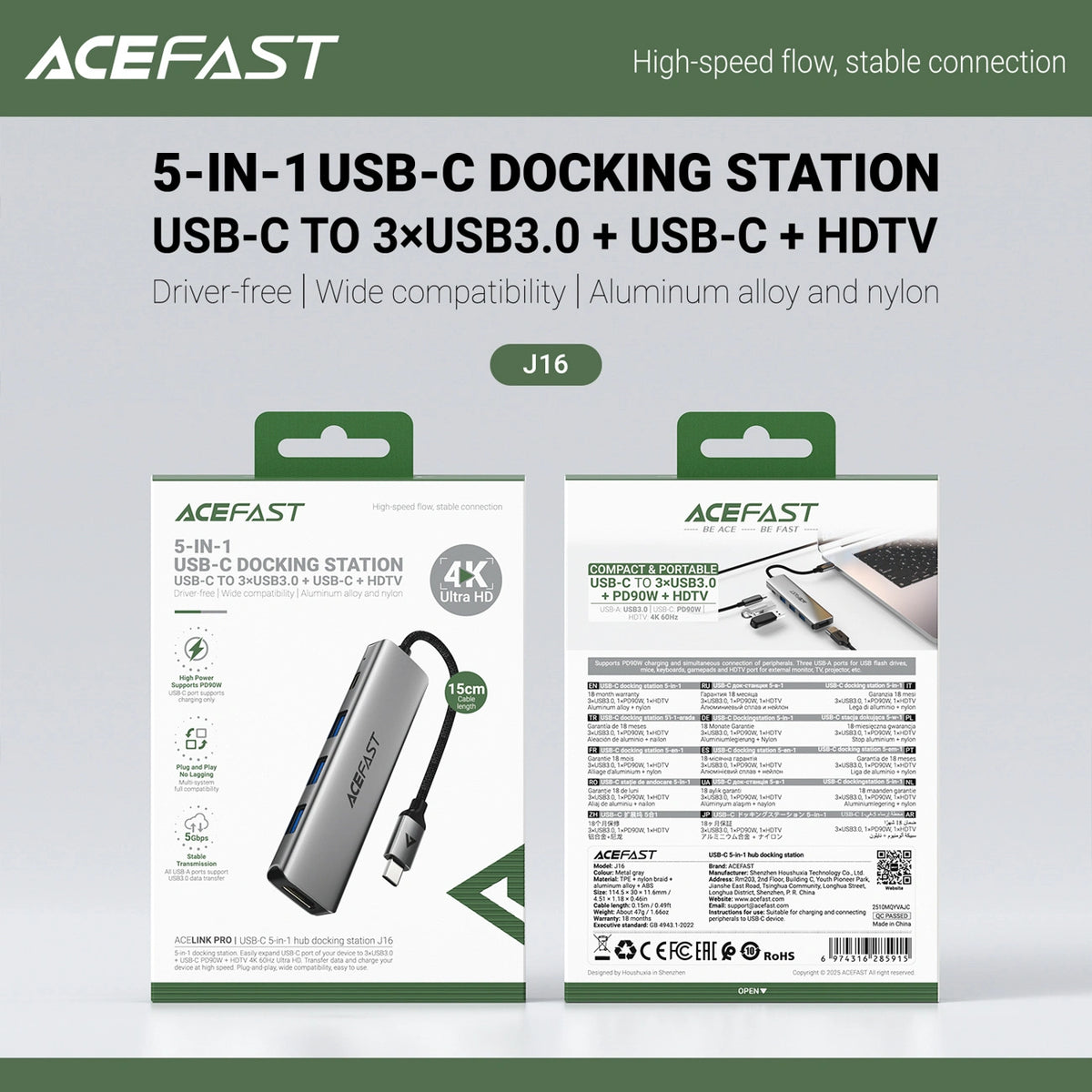 Hub USB Acefast J16 stacja dokująca USB-C 5w1 HDMI 4K 60Hz PD90W - szara – zdjęcie 6