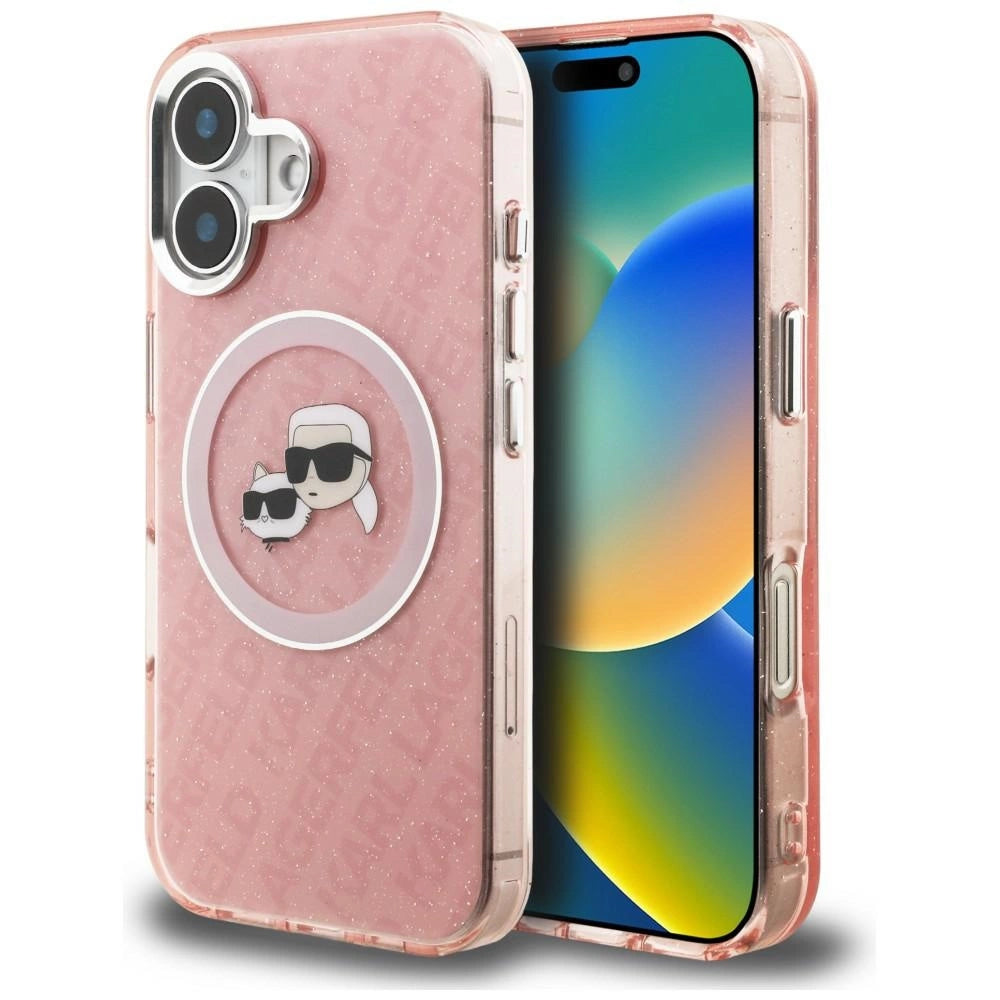 Etui Karl Lagerfeld IML Glitter Karl & Choupette na iPhone 16 - różowe